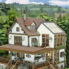 an artist's rendering of a house in the middle of some trees and bushes