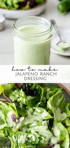 a close up of a salad in a bowl with dressing on the side and an image of a jar filled with dressing