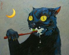 a painting of a black cat with yellow eyes holding a toothbrush in its mouth