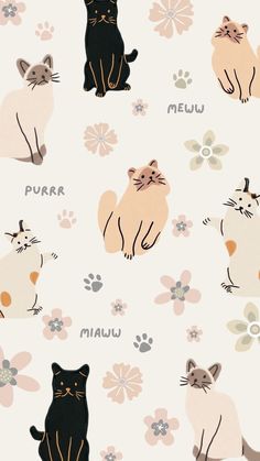 cats and flowers on a white background with the words purr in different languages,