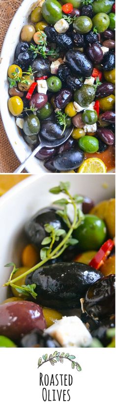 two pictures of different types of vegetables in a bowl with the title roasted olives