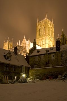 a large cathedral lit up at night with snow on the ground and buildings around it