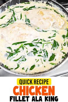 chicken fillet with spinach and cheese in a skillet on the stove top