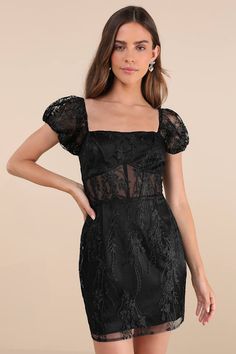 If you intend to blow everyone away with your sweetness, the Lulus Seriously Cute Black Embroidered Mesh Puff Sleeve Mini Dress is the perfect pick! Intricate floral embroidery adorns mesh fabric as it shapes this adorable dress that features a princess-seamed bodice, a trendy square neckline, and puff sleeves (with elastic at the shoulder and cuffs). The flattering, set-in waist is composed of sheer mesh panels and supportive boning, all atop a figure-flaunting, bodycon mini skirt. Sheer mesh b Fitted Sheer Dress With Puff Sleeves, Fitted Sheer Puff Sleeve Dress, Fitted Lace Mini Dress With Puff Sleeves, Fitted Mini Dress With Floral Embroidery And Sweetheart Neckline, Floral Embroidered Square Neck Dress For Party, Floral Embroidered Square Neck Party Dress, Square Neck Dress With Floral Embroidery For Party, Lace Dress With Floral Embroidery And Square Neck, Party Dress With Floral Embroidery And Square Neck