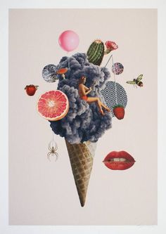 an ice cream cone filled with fruit and other things on it's side, surrounded by photoshopped images