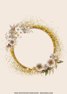 a circular frame with flowers and gold glitter