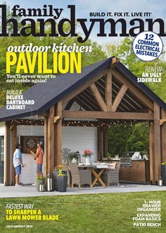 the front cover of a magazine with people standing in it and an open patio area