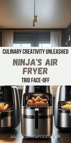 an advertisement for ninja's air fryer in front of two ovens with food inside