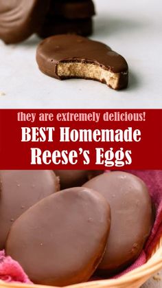 chocolate covered cookies in a basket with the words, they are extremely delicious best homemade reese's eggs