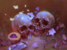 there are two skulls on the ground with flowers and butterflies around them, one skull has a purple ring in it's mouth