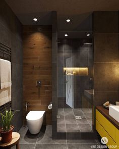 a modern bathroom with two sinks and a large shower in the center, surrounded by wood paneling