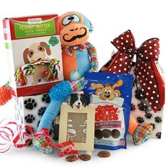 an assortment of dog treats and stuffed animals