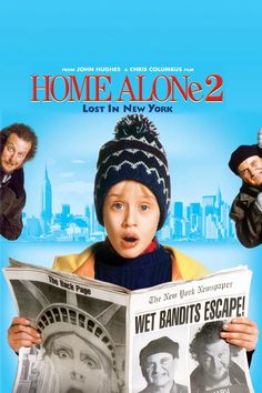 the movie poster for home alone 2, featuring two children reading a newspaper and looking surprised