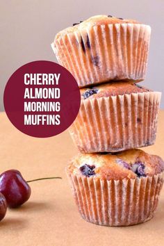 three blueberry muffins stacked on top of each other with the words cherry almond morning muffins above them