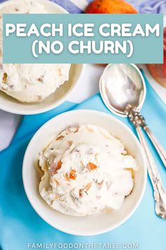 peach ice cream no churn in two white bowls with spoons on the side