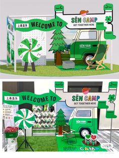 the green van is parked in front of a sign that says welcome to sem camp