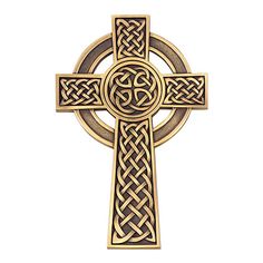 a cross with an intricate design on the front and back side, is shown in gold