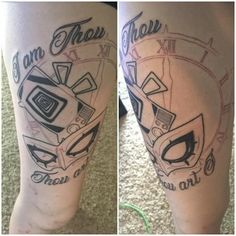 two pictures show the same tattoo on both legs