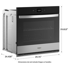 an oven with the door open and measurements on it's side, showing its size