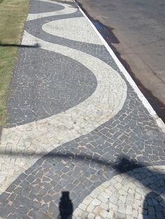 the shadow of a person standing on a cobblestone sidewalk next to a street