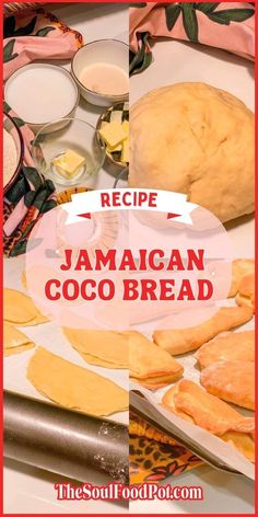 the recipe for jamaican coco bread is displayed on a table with other ingredients and utensils