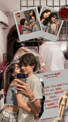 a collage of two people hugging each other in front of a cell phone and some pictures