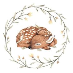 a watercolor drawing of a deer curled up in a circle with leaves around it