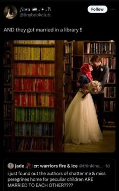 a man and woman standing next to each other in front of bookshelves