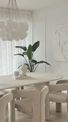 a dining room table with chairs and a plant