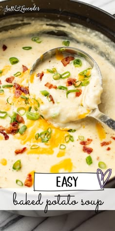 an easy baked potato soup in a pot with a ladle full of cheese and bacon