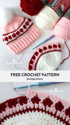 the crochet hat is next to yarn and knitting needles