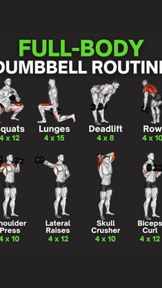 the full body dumbbell routine is shown in this graphic style, with instructions on how to