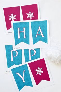 three happy birthday cards with snowflakes on them and the words happy written in white