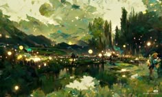 a painting of people walking on a path near a lake at night with lights in the trees