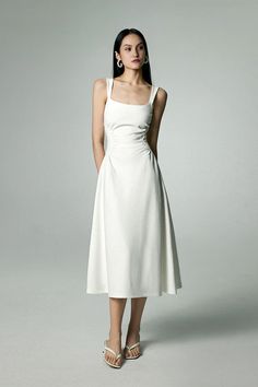 Fibflx Women's Square Neck Midi Dress with Pleated Waist White Ruched Dress With Straight Neckline, White A-line Ruched Maxi Dress, White Midi Dress With Ruched Bodice And Straight Neckline, White Midi Dress With Ruched Detail And Straight Neckline, White Ruched Midi Dress With Straight Neckline, Elegant White Sleeveless Dress With Square Neck, Elegant White Sleeveless Square Neck Dress, Elegant Ruched Sleeveless Dress For Daywear, White A-line Midi Dress With Ruched Bodice