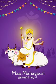 maa manaagauri navrat day greeting card with cow on purple background