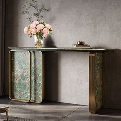 an elegant console table with pink flowers in a vase next to it on a tiled floor