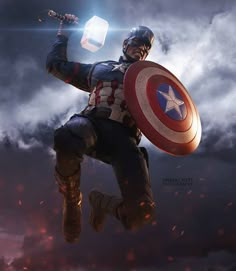 captain america flying through the air with his shield