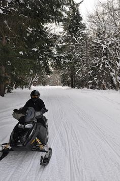 a person on a snowmobile in the middle of a snowy road surrounded by trees