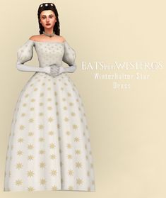 a woman in a white dress with gold stars on it and the caption bats from westeros winterhaller star dress