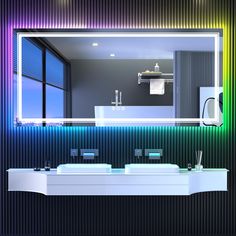 a bathroom with two sinks and a large mirror