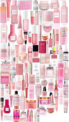 many different types of pink and white cosmetics