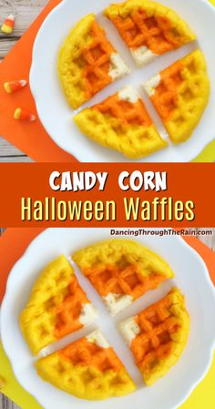 two plates with waffles on them and candy corn in the middle one has been cut into squares