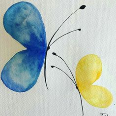 a blue and yellow butterfly painted with watercolors on white paper by the artist