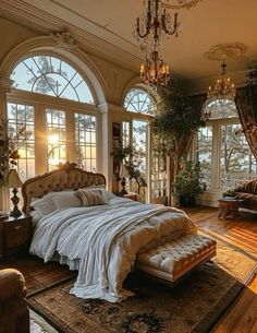 a large bed sitting inside of a bedroom on top of a wooden floor next to two windows