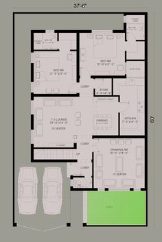 the floor plan for a three bedroom house with an attached garage and two car spaces