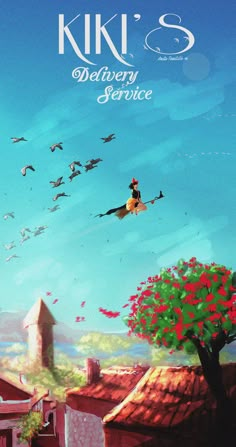 an advertisement for kiki's delivery service with birds flying over the rooftops