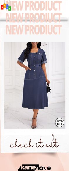 Denim Blue Pocket Button Detail Short Sleeve Dress Denim Button-up Dress For Work, Knee-length Denim Blue Dress With Buttons, Denim Blue Button-up Dress With Buttons, Button-up Denim Blue Dress With Buttons, Denim Blue Workwear Dress With Buttoned Pockets, Knee-length Denim Workwear Dress With Buttons, Knee-length Denim Dress With Buttons For Work, Denim Blue Button-up Dress, Dark Wash Denim Dress For Work With Button Closure