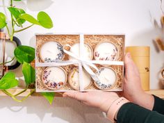 a person holding three tea lights in a box on a table next to a potted plant