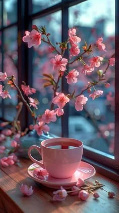 a pink cup and saucer sitting on top of a wooden table next to a window